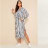Women V-Cut Split Side Striped Long Sleeve Tunic Dress - Image 5