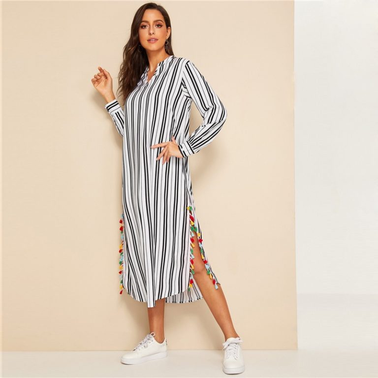 Women V-Cut Split Side Striped Long Sleeve Tunic Dress - Image 5