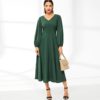 Women V-Neck Button Detail Lantern Sleeve Vintage Long Dress - Image 4