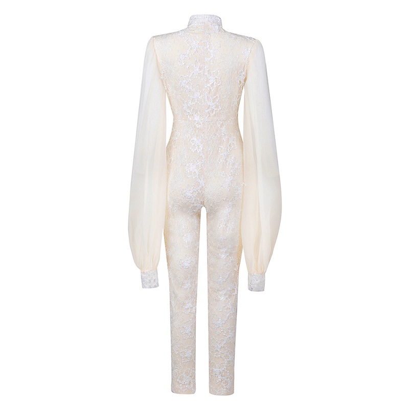 Women V-Neck Sexy Lace Puff Sleeve Party Rompers Jumpsuit - Image 3