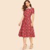 Women Vintage Pan Collar Botanical Button Front Casual Dress
