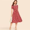 Women Vintage Pan Collar Botanical Button Front Casual Dress - Image 2