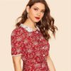 Women Vintage Pan Collar Botanical Button Front Casual Dress - Image 4