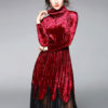 Women Vintage Velour Lace Pleated Midi Dresses