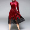Women Vintage Velour Lace Pleated Midi Dresses - Image 3
