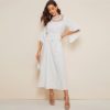 Women White Solid Belted High Waist Flounce Sleeve Dresses