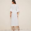 Women White Solid Belted High Waist Flounce Sleeve Dresses - Image 2