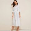 Women White Solid Belted High Waist Flounce Sleeve Dresses - Image 3
