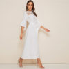 Women White Solid Belted High Waist Flounce Sleeve Dresses - Image 4