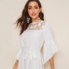 Women White Solid Belted High Waist Flounce Sleeve Dresses - Image 5