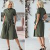 Casual Turn Down Collar Short Sleeve Midi Dress