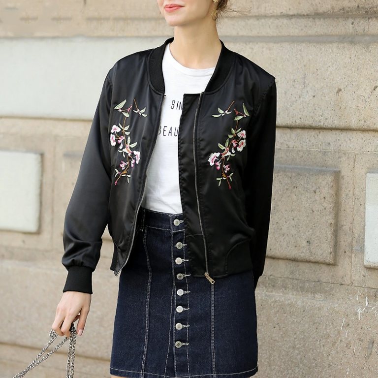 Vintage Satin Zipper Baseball Casual Embroidery Outwear Jackets - Image 2