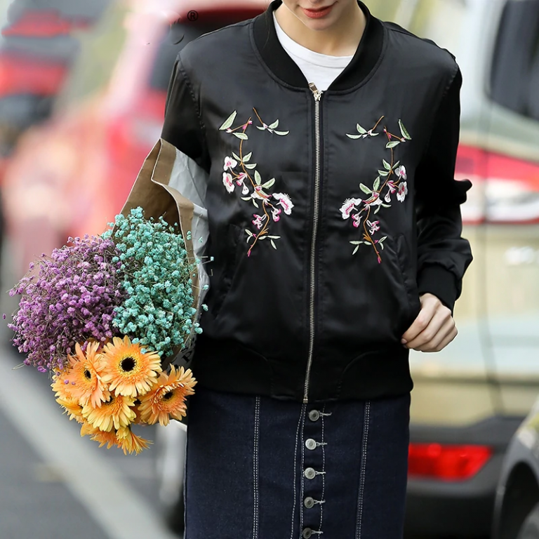 Vintage Satin Zipper Baseball Casual Embroidery Outwear Jackets