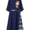 Causal Cartoon Girl Patch Plaid High Low Hem Dress - Image 5