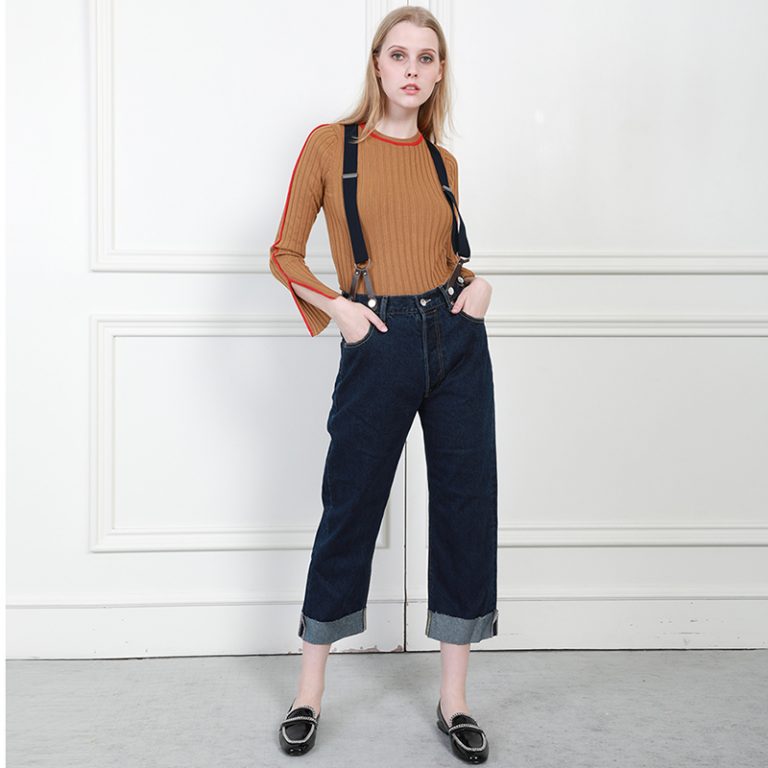 Denim Pant with Straps High Waist Loose Comfort Jeans