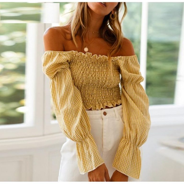 Fashion Puff Sleeve Plaid Crop Top - Image 2