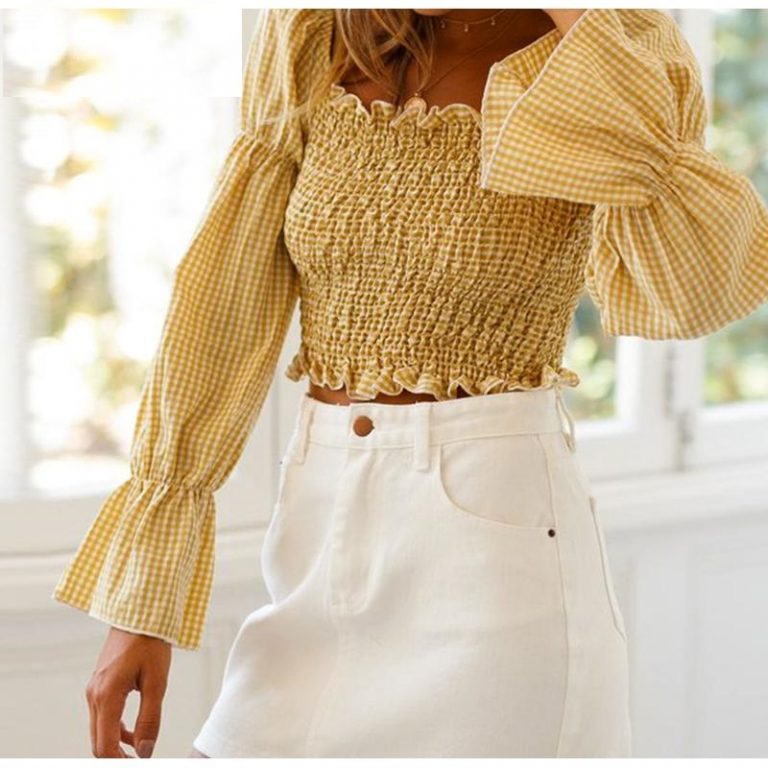 Fashion Puff Sleeve Plaid Crop Top - Image 3