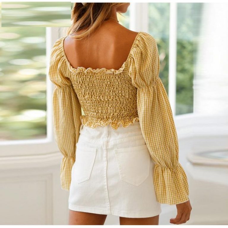 Fashion Puff Sleeve Plaid Crop Top - Image 4