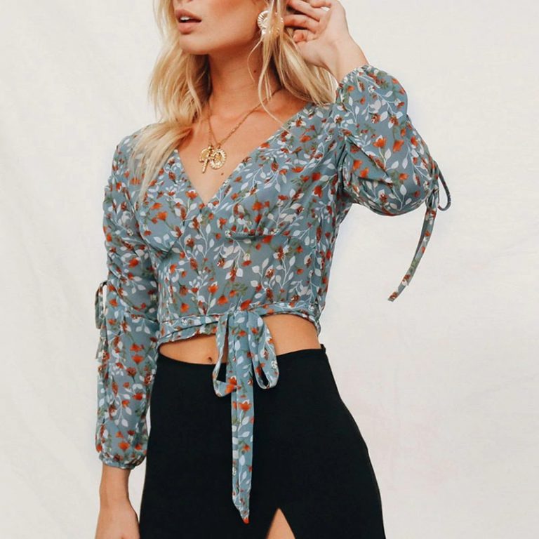 Fashion Vintage Drawstring Lantern Sleeve Crop Top - Image 4