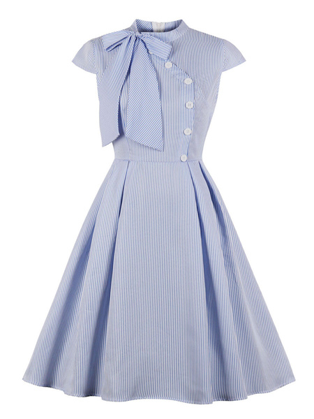 Knotted Short Sleeves Stripes Rockabilly Dress