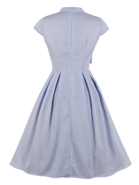 Knotted Short Sleeves Stripes Rockabilly Dress - Image 2