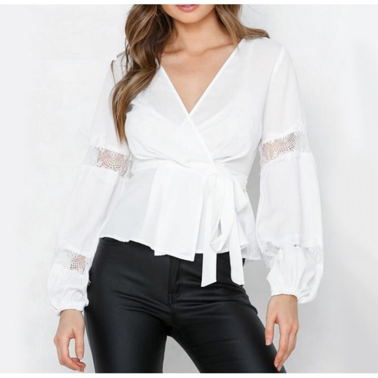 Lace Lantern Chiffon Solid Blouse - Image 3