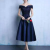Lace Off The Shoulder Prom Satin Tea Length wedding guest dress