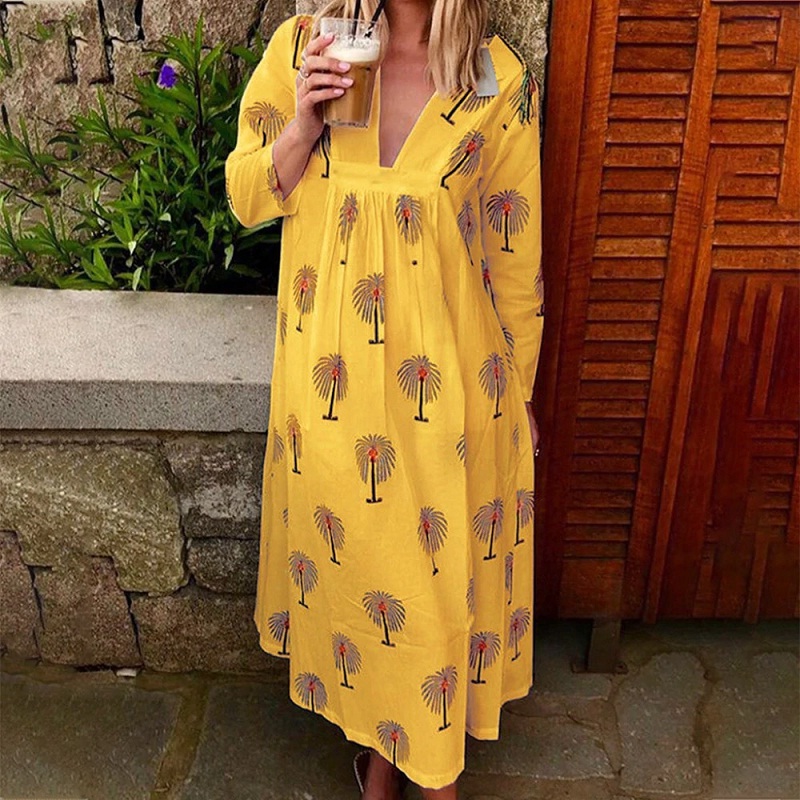 Leaf Print V-neck Long Sleeve Plus Size Long Party Dress