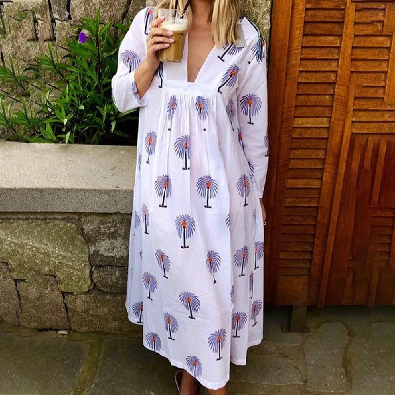 Leaf Print V-neck Long Sleeve Plus Size Long Party Dress - Image 3