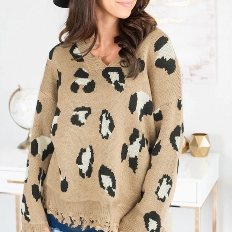 Leopard Print Bat Sleeve V-Neck Tassel Pullover Sweater - Image 2