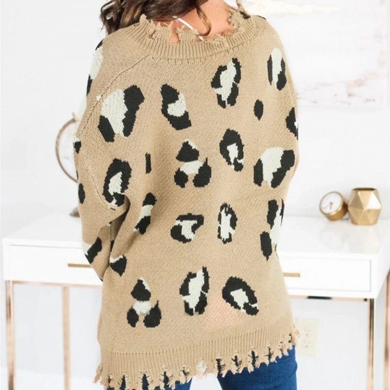 Leopard Print Bat Sleeve V-Neck Tassel Pullover Sweater - Image 3