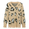 Leopard Print Bat Sleeve V-Neck Tassel Pullover Sweater - Image 4
