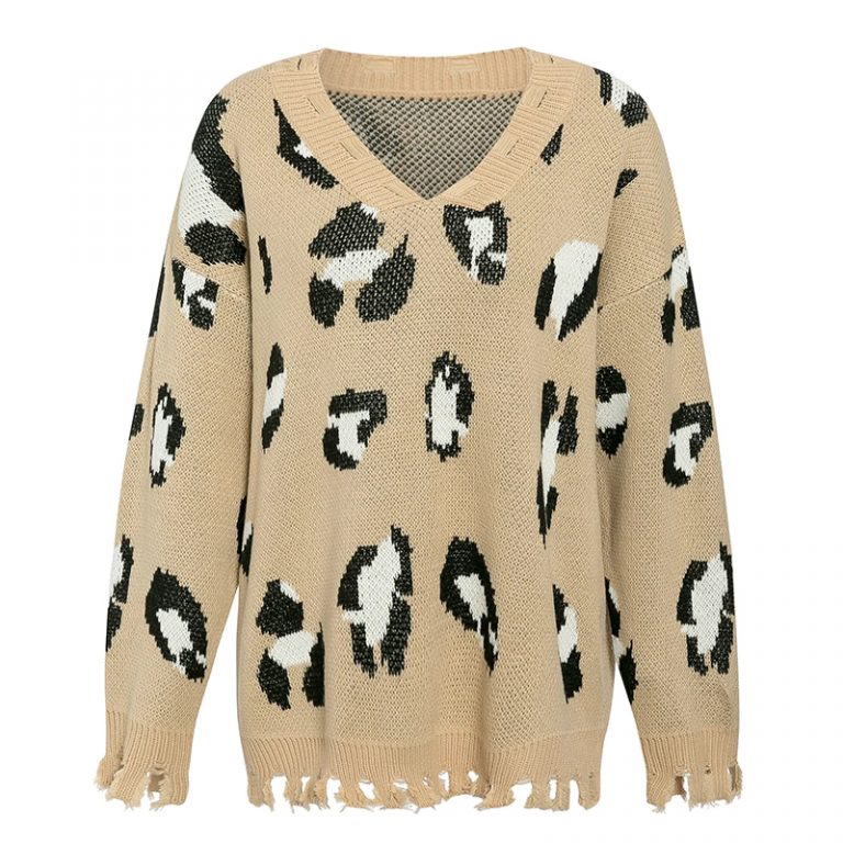 Leopard Print Bat Sleeve V-Neck Tassel Pullover Sweater - Image 4