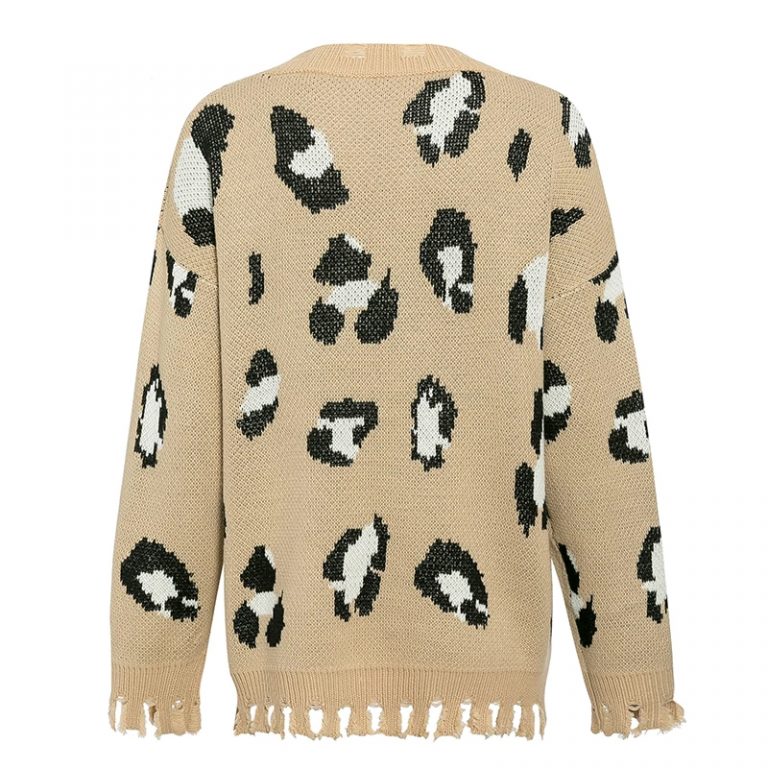 Leopard Print Bat Sleeve V-Neck Tassel Pullover Sweater - Image 5