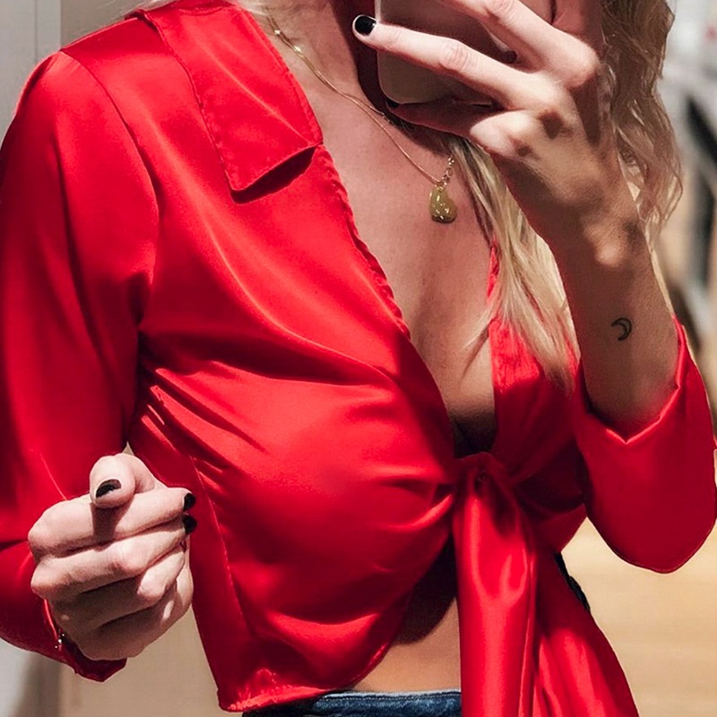 Long Sleeve Bow Lace up Crop Top - Image 3