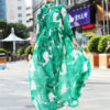 Long Sleeve Printed Lace Up Long Dress