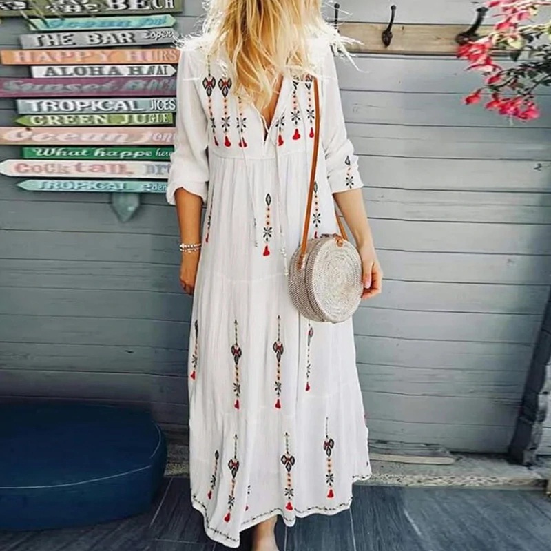 New Boho Floral Print Long Sleeve Plus Size Long Maxi Dress - Image 2