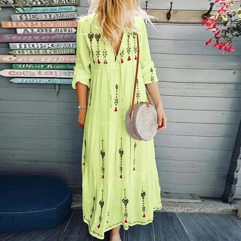 New Boho Floral Print Long Sleeve Plus Size Long Maxi Dress - Image 3