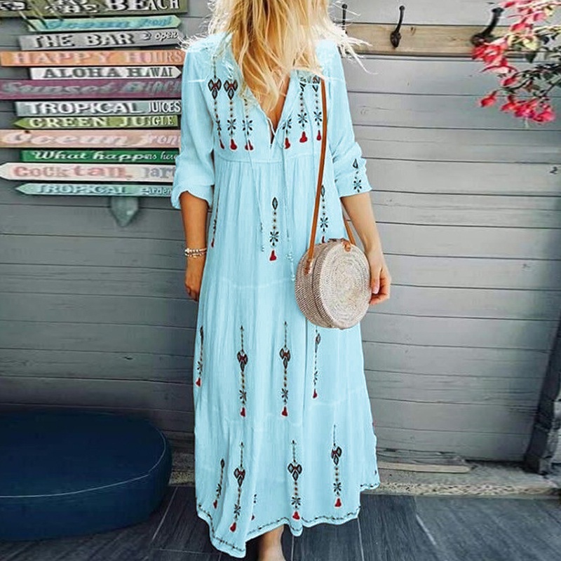 New Boho Floral Print Long Sleeve Plus Size Long Maxi Dress - Image 4