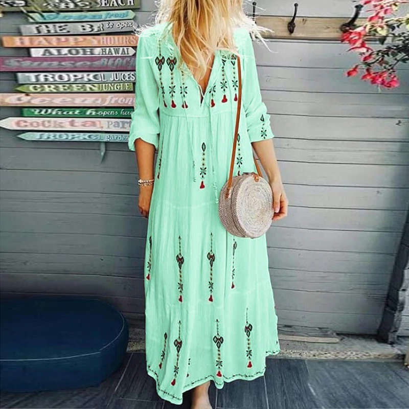 New Boho Floral Print Long Sleeve Plus Size Long Maxi Dress