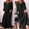 O Neck Cotton Long Sleeve Loose Plus Size Party Dress - Image 11