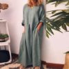 O Neck Cotton Long Sleeve Loose Plus Size Party Dress - Image 5