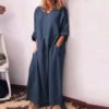 O Neck Cotton Long Sleeve Loose Plus Size Party Dress - Image 9