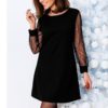 O Neck Elegant Pearls Beading Long Sleeve Mini Party Dress