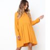 O Neck Loose Pleated Back Button Long Sleeve Mini Dress - Image 6