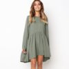 O Neck Loose Pleated Back Button Long Sleeve Mini Dress - Image 12