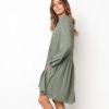 O Neck Loose Pleated Back Button Long Sleeve Mini Dress - Image 13