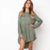 O Neck Loose Pleated Back Button Long Sleeve Mini Dress - Image 15