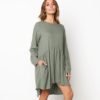 O Neck Loose Pleated Back Button Long Sleeve Mini Dress - Image 16