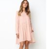 O Neck Loose Pleated Back Button Long Sleeve Mini Dress - Image 10